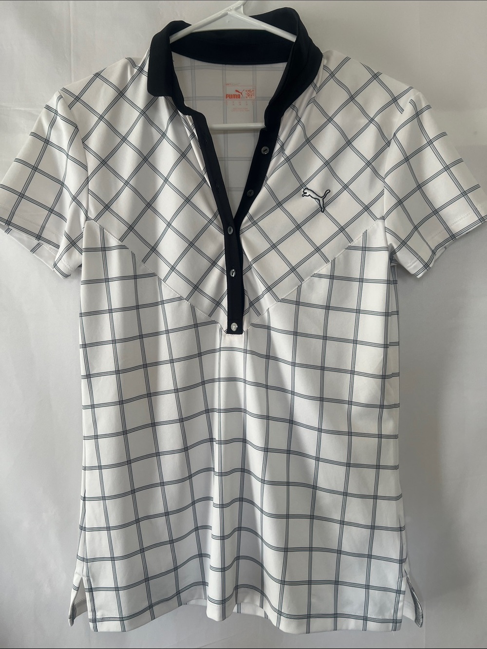 Puma Womens, Size XS, White Plaid Button-Down Polo with Black Trim